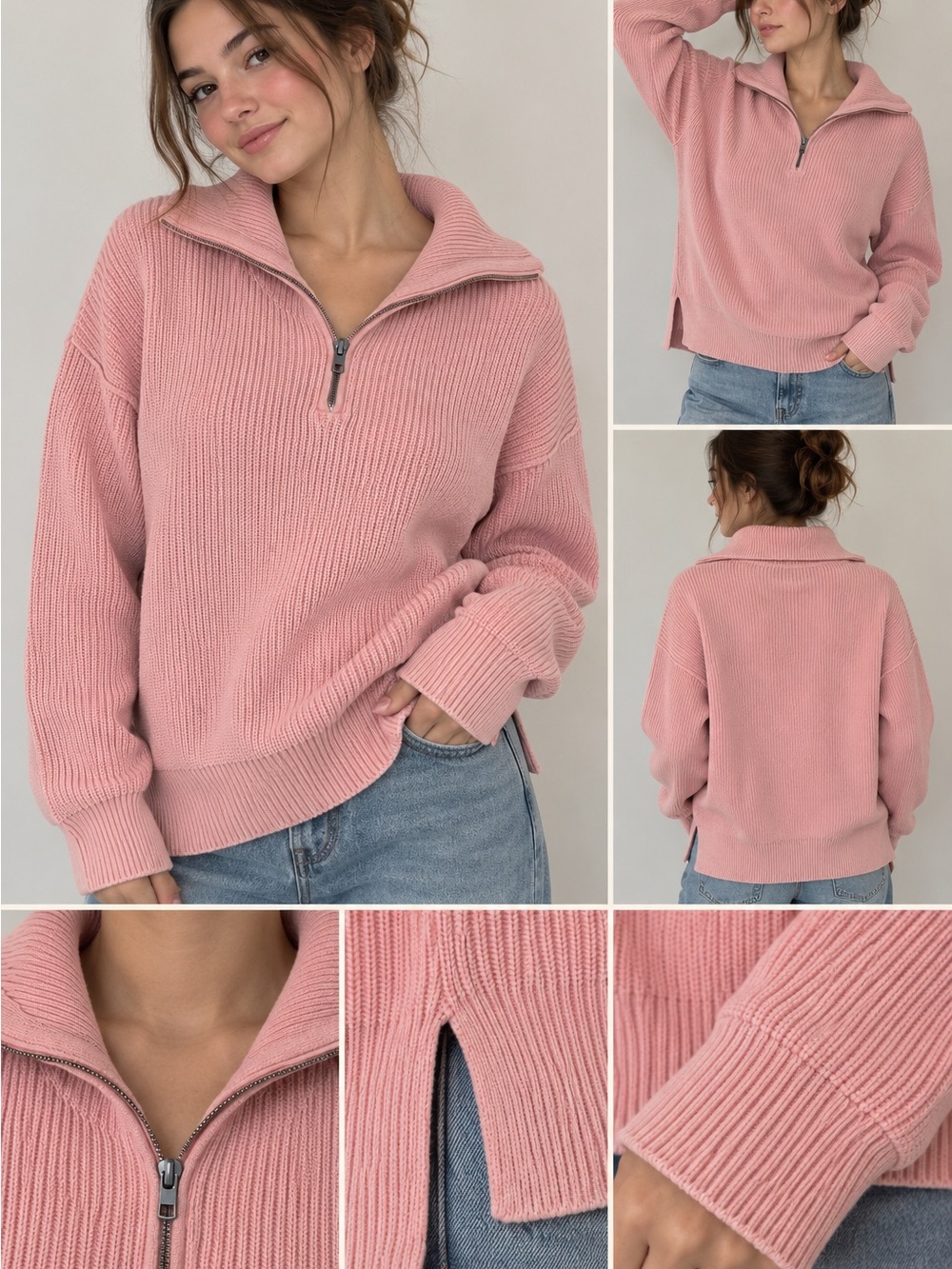 aerie Dusty Pink Ribbed Half-Zip Turtleneck Sweater